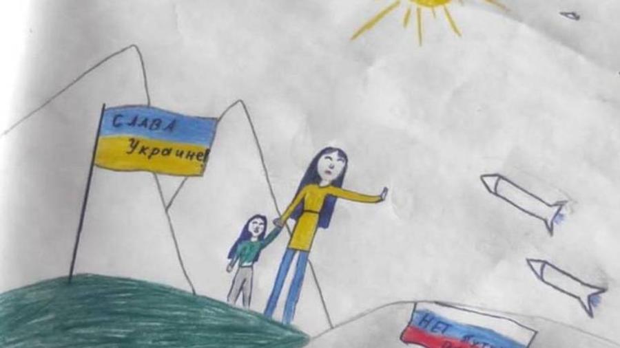Desenho de Maria mostra mãe e filha diante de mísseis russos e bandeira com frase de apoio à Ucrânia - Reprodução/ @WorldAffairsPro no Twitter