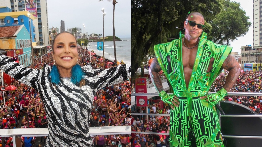 Montagem: Ivete Sangalo e Leo Santana em seus trios elétricos em Salvador neste domingo (11)