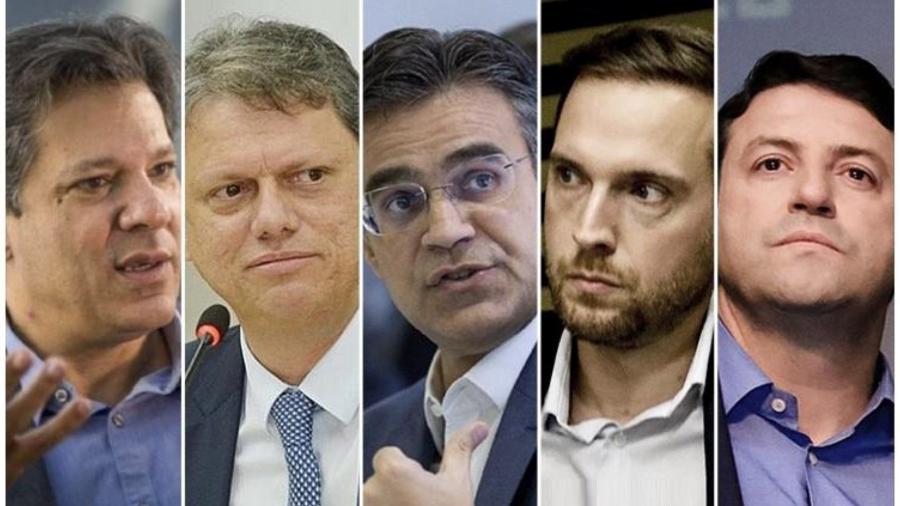 Participam do debate do UOL: Fernando Haddad, Tarcísio de Freitas, Rodrigo Garcia, Vinicius Poit e Elvis Cezar - Montagem/UOL