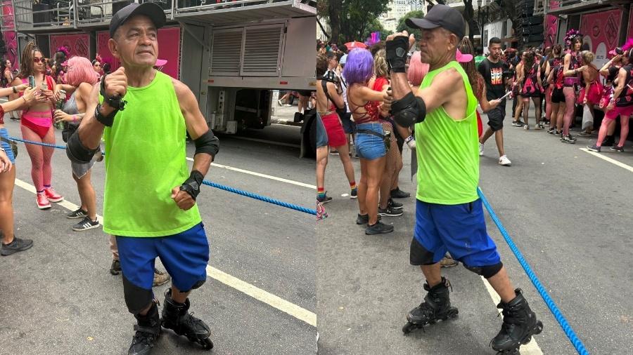 Agnaldo deu show de dança com patins na concentração do bloco Pagu, em São Paulo