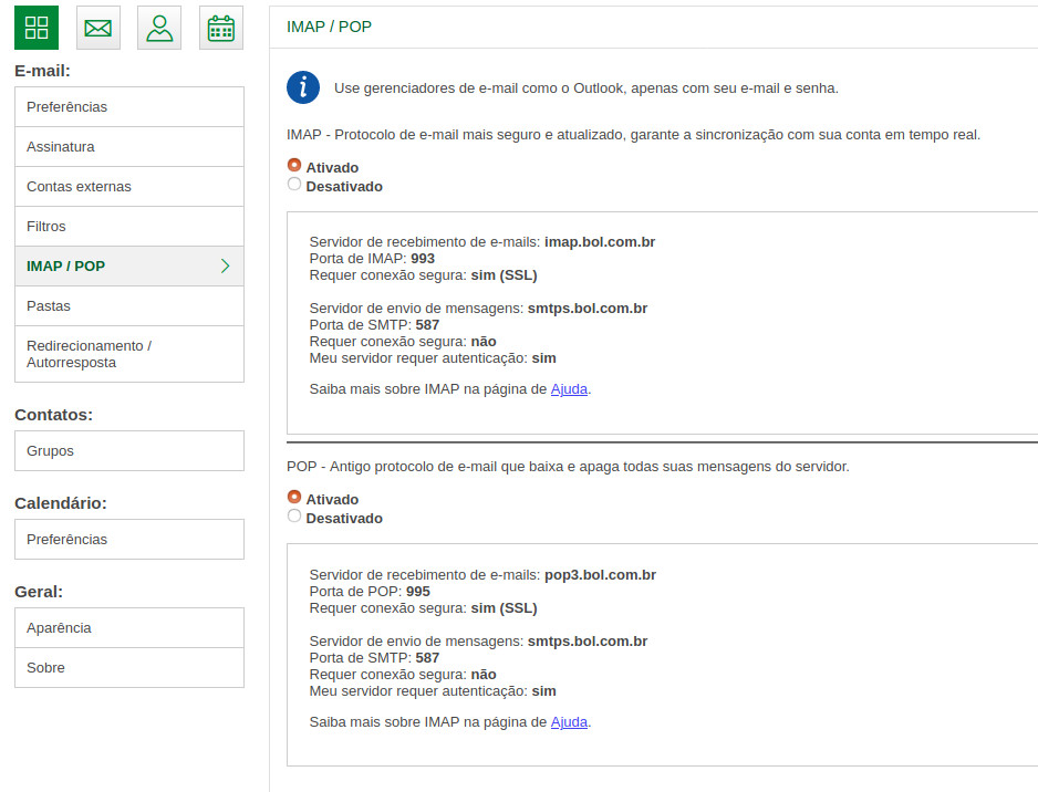 Como configurar o Webmail do Bol para usar nos bounces? - Base de